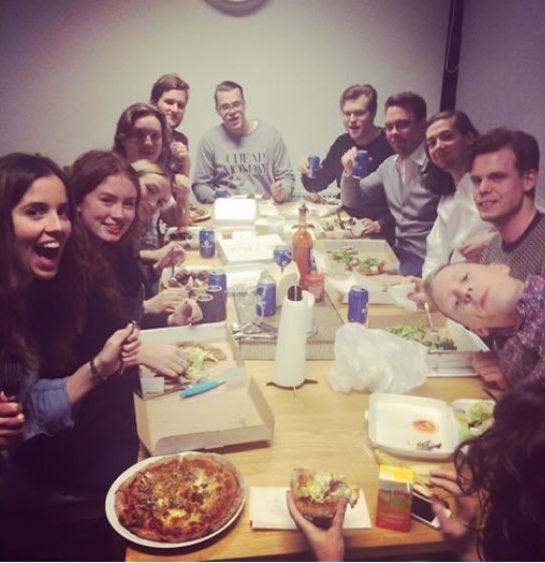 The QuizUp team gathered around a long dinner table.